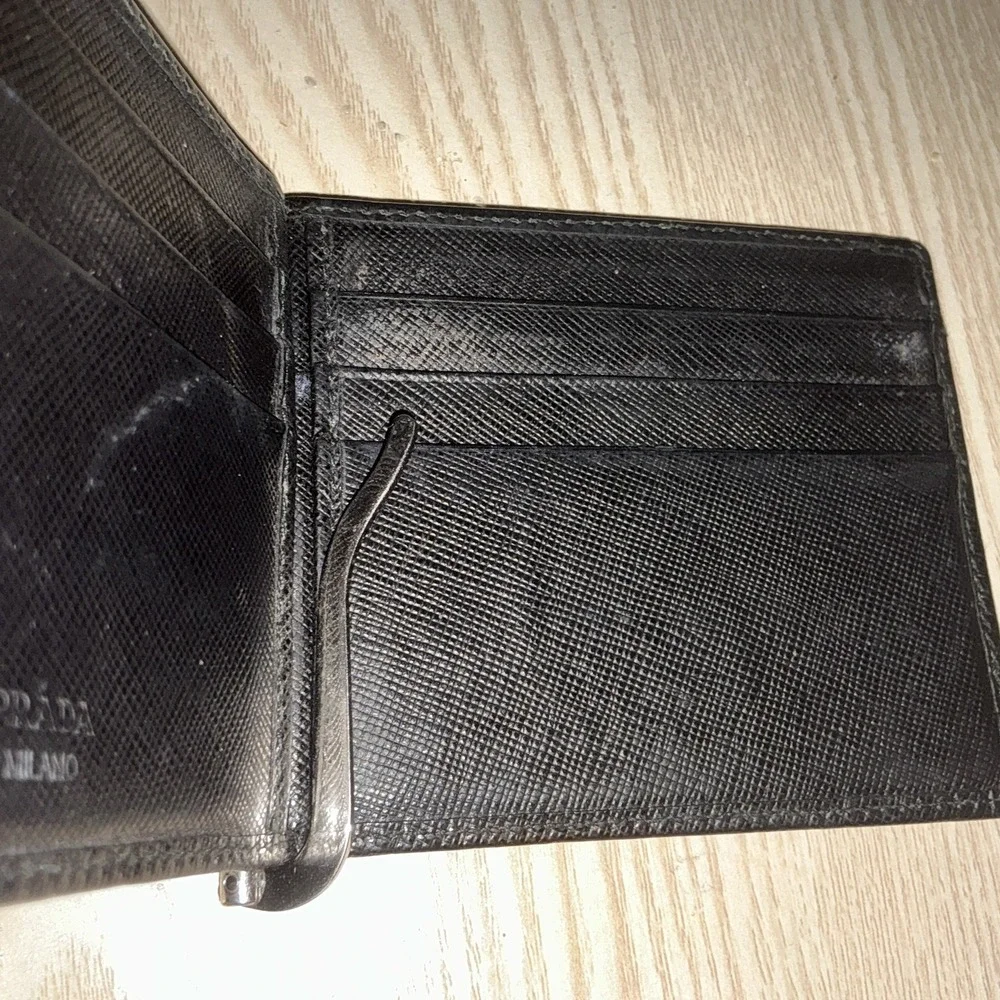 PRADA Saffiano Money Clip Bifold‎ Wallet Card Case Black Leather Authentic